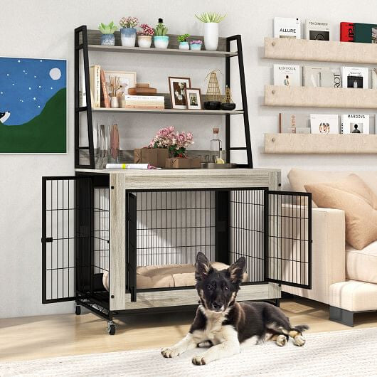 Industrial Dog Kennel Dog Crate Furniture with Storage Shelves-Rustic Brown